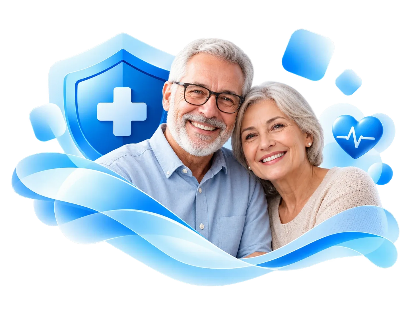 Couple senior souriant sous des symboles de santé bleus